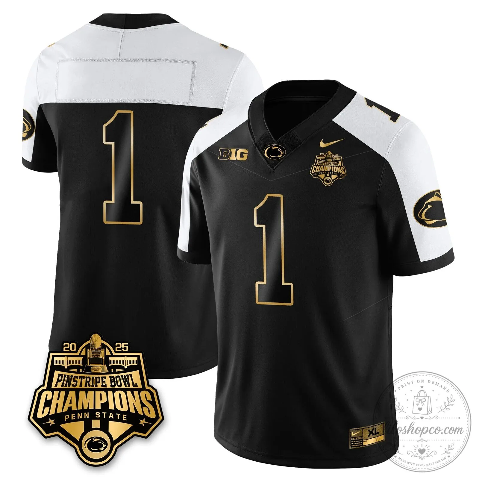 Penn State Football 2025 Pinstripe Bowl Champions Black Gold Jersey