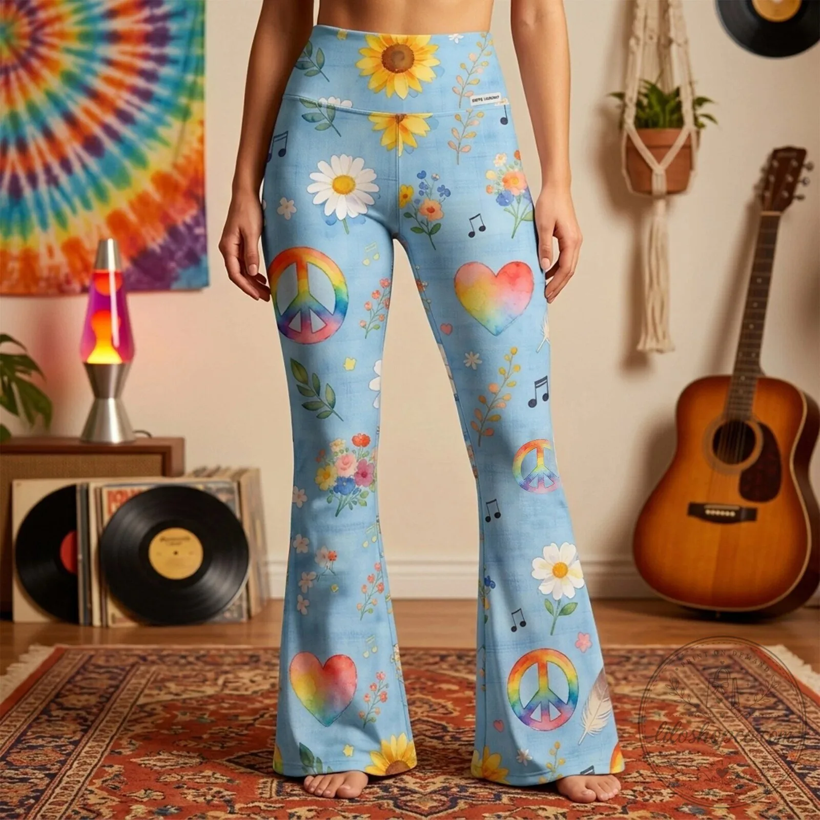 Hippie Peace Sign Flower Power Bell Bottom Flare Leggings