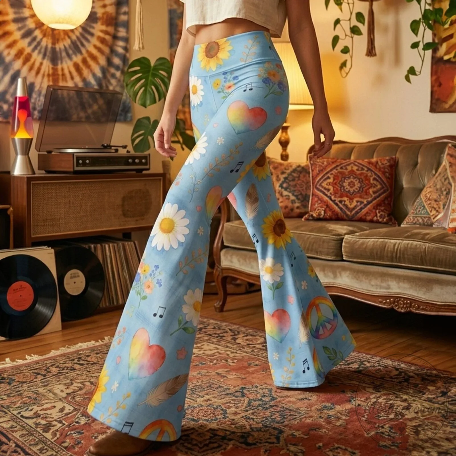 Hippie Peace Sign Flower Power Bell Bottom Flare Leggings 10 Hippie Peace Sign Flower Power Bell Bottom Flare Leggings