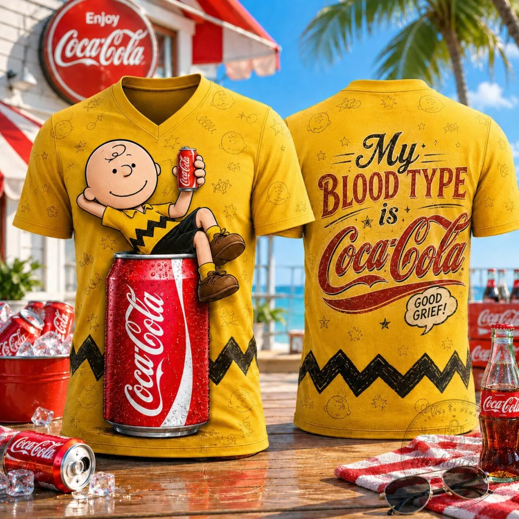 Charlie Brown Coca-Cola Can Graphic V-Neck T-Shirt for Peanuts Fans Charlie Brown Coca-Cola Can Graphic V-Neck T-Shirt for Peanuts Fans