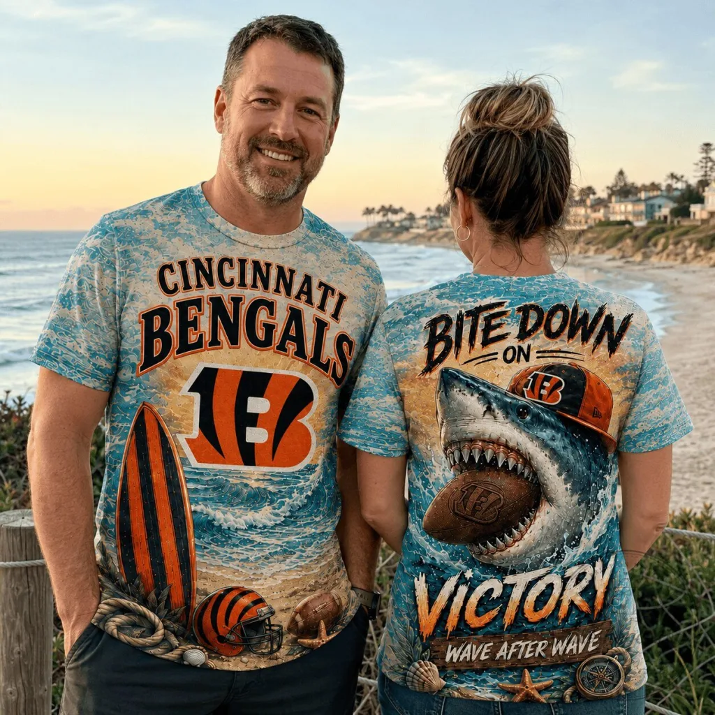 Cincinnati Football Bengals Tropical Shark Bite Down On Victory T-Shirt Cincinnati Football Bengals Tropical Shark Bite Down On Victory T-Shirt