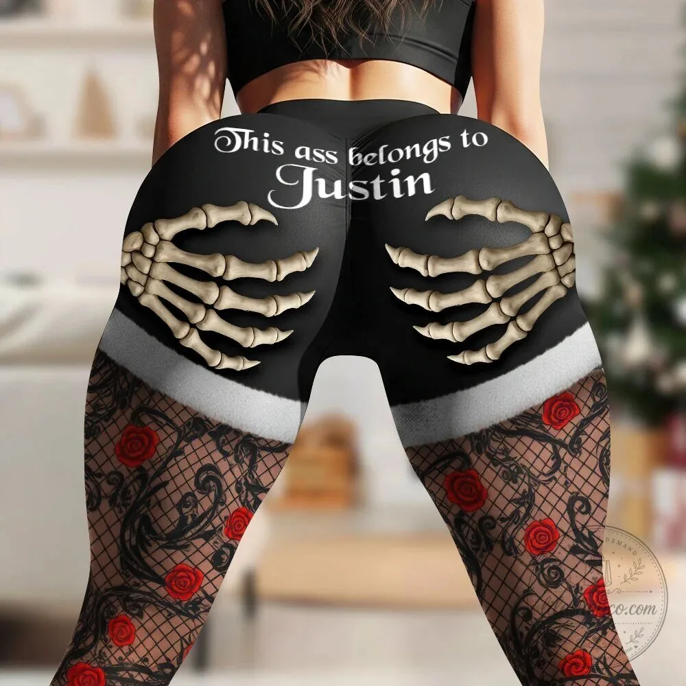 Personalized Skeleton Hands and Roses Black Leggings for Women