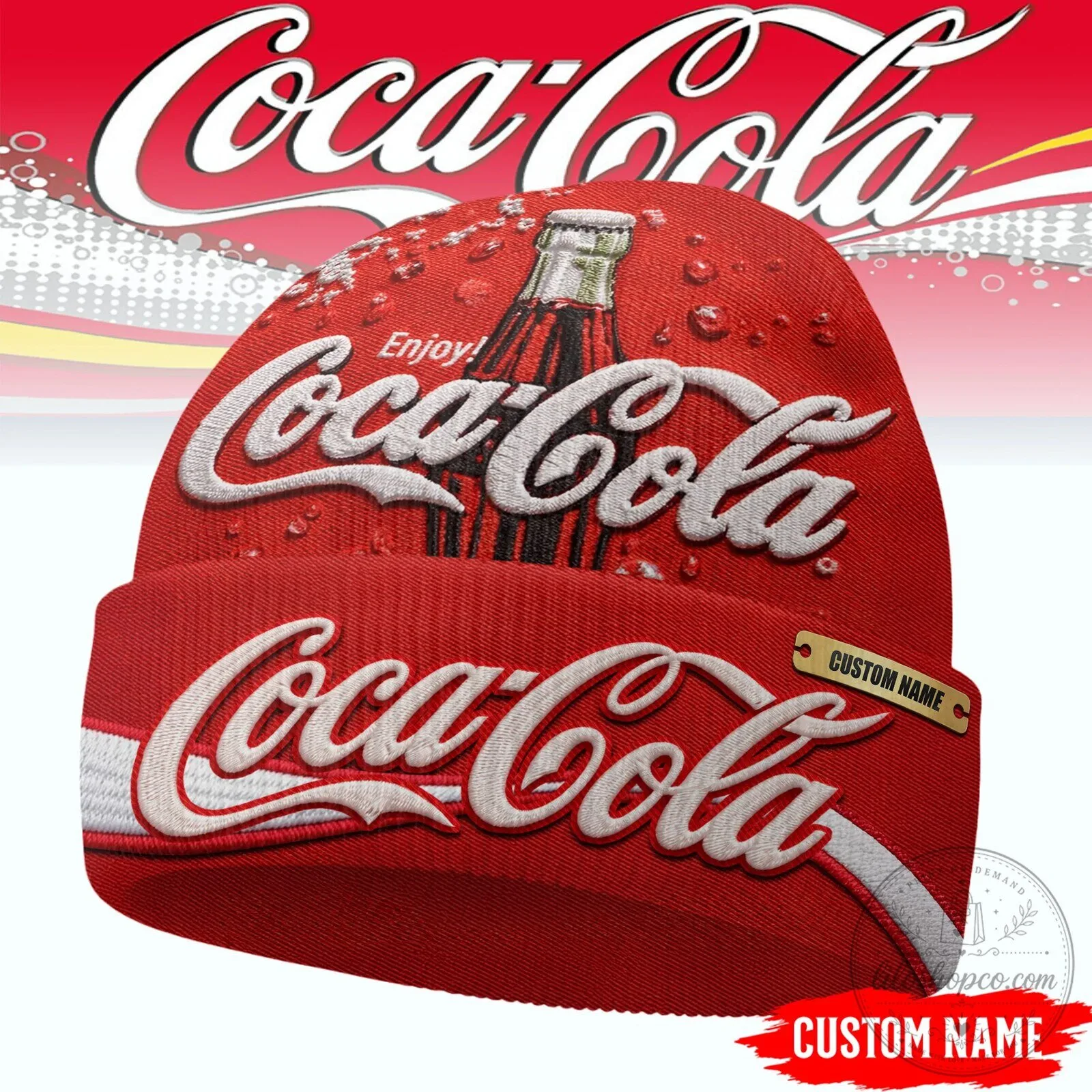Coca-Cola Classic Bottle Motif Red Beanie Hat for Retro Soda Style Fans