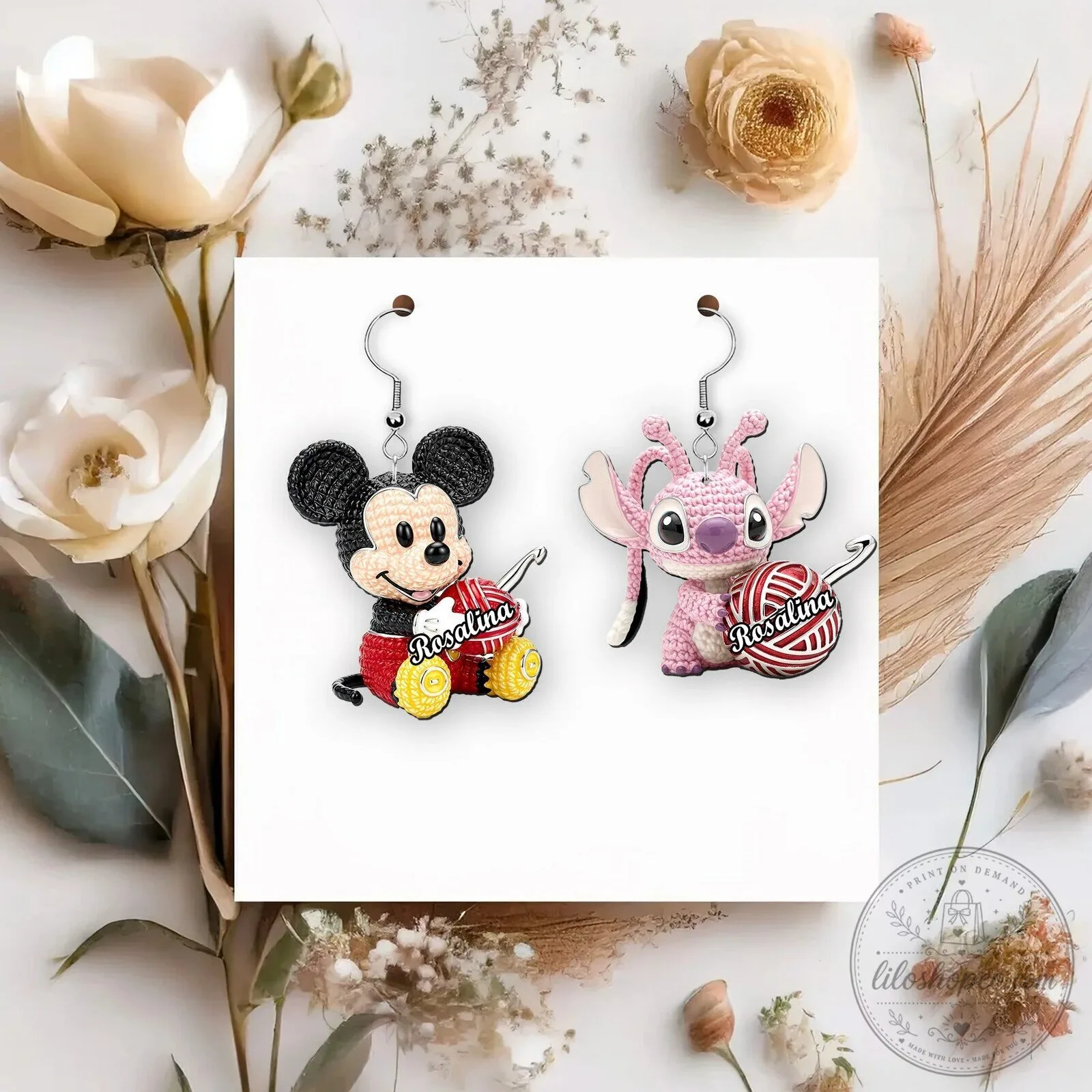 Personalized Mickey Mouse and Stitch Crochet Cartoon Character Earrings