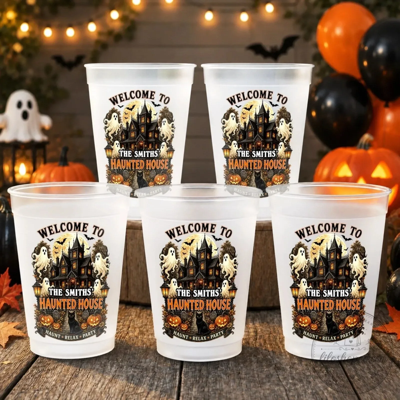 Personalized Haunted House Halloween Frosted Cups - Spooky Black Cat Party Tumblers
