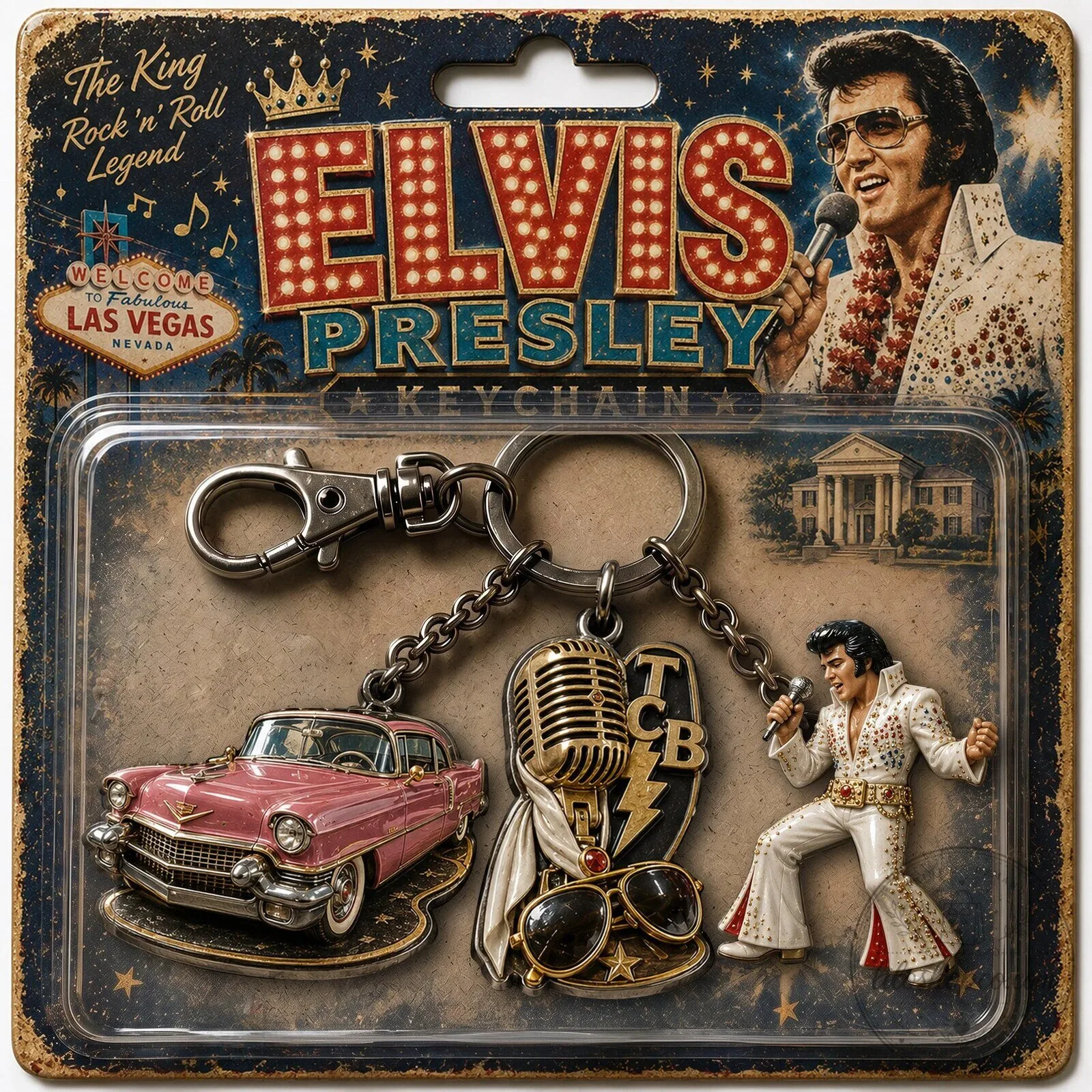 Elvis Presley The King of Rock and Roll Las Vegas Pink Cadillac Keychain