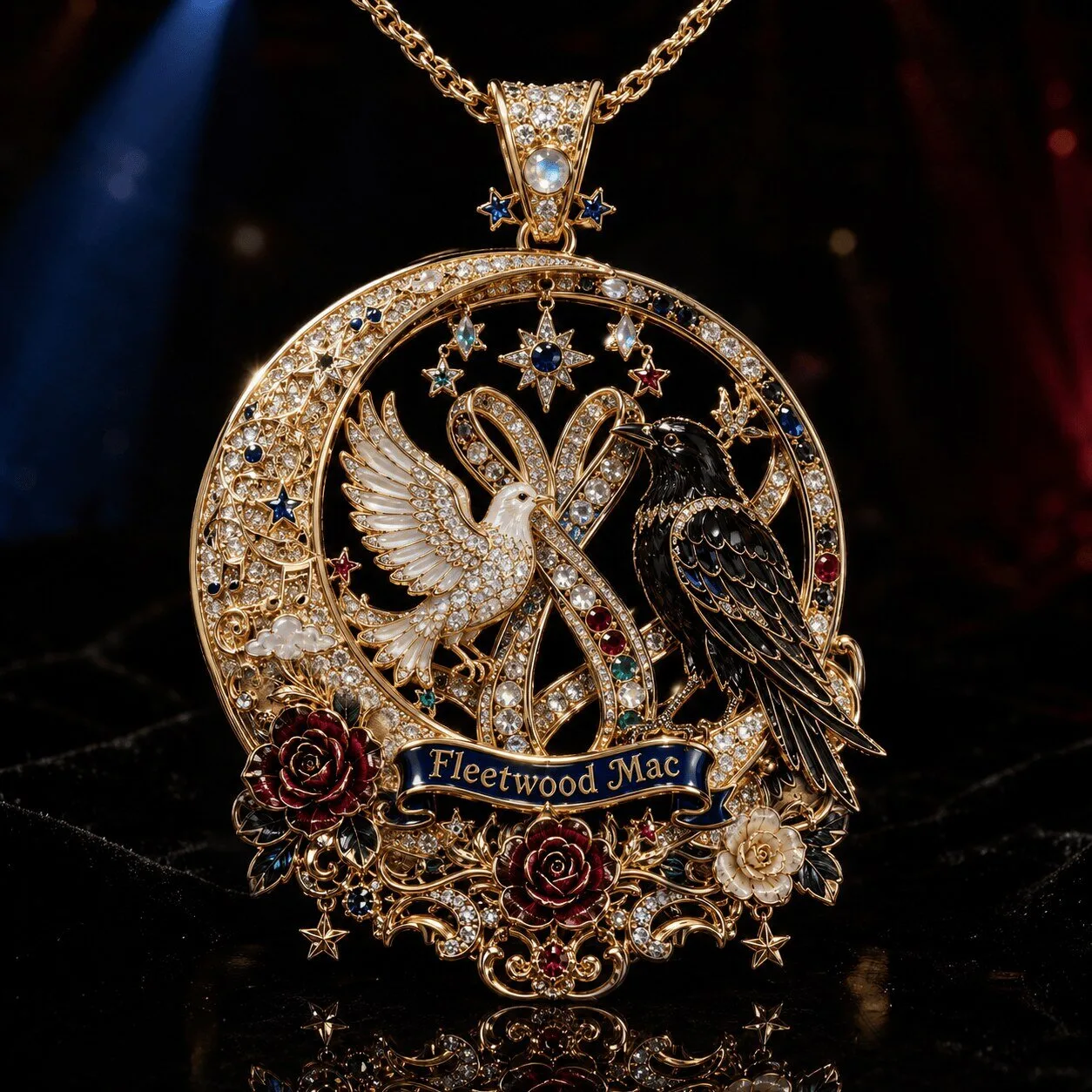 Fleetwood Mac Gold Diamond Dove Raven Roses Pendant Necklace 2 Fleetwood Mac Gold Diamond Dove Raven Roses Pendant Necklace