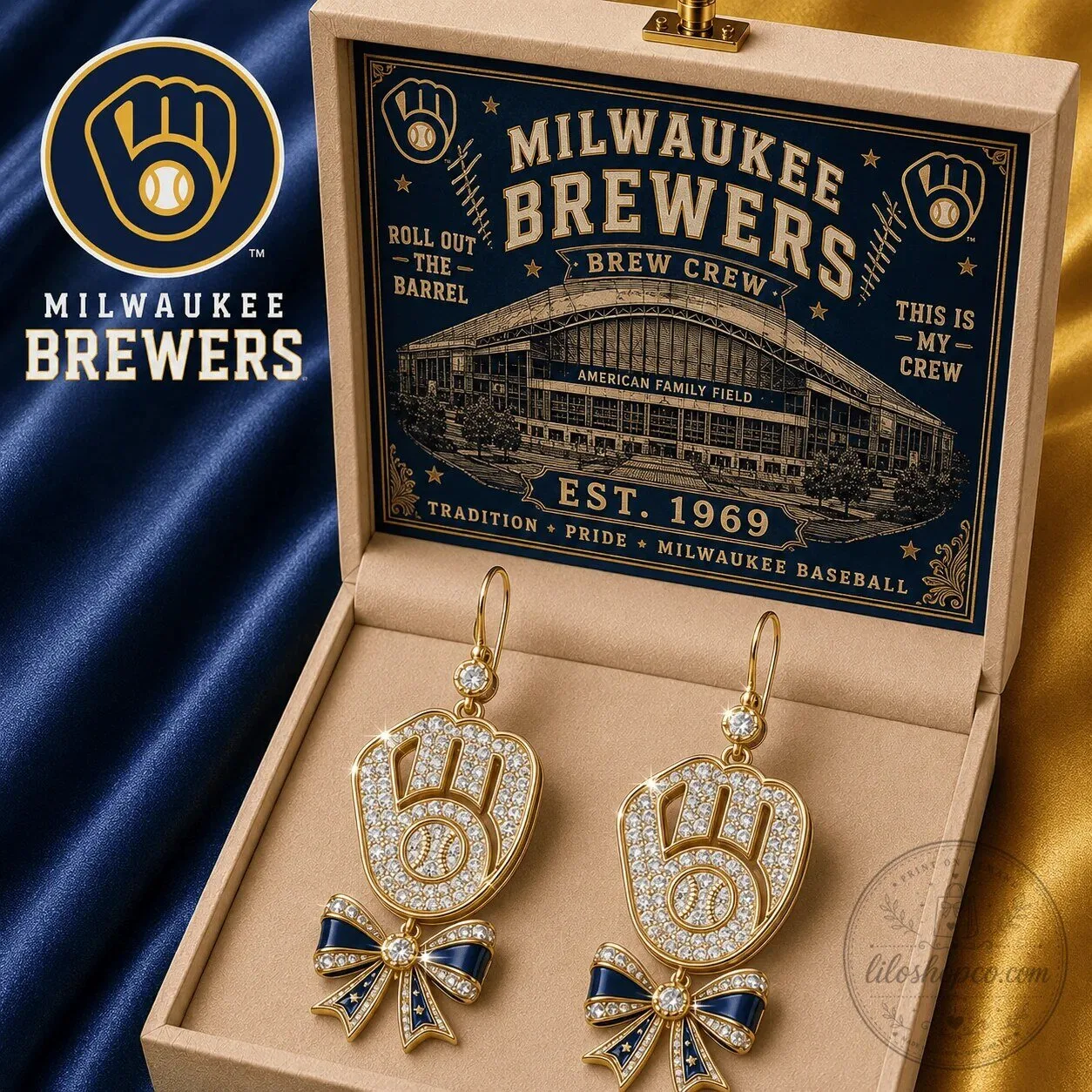Milwaukee Brewers Baseball Glove Dangle Earrings with Bow Charm