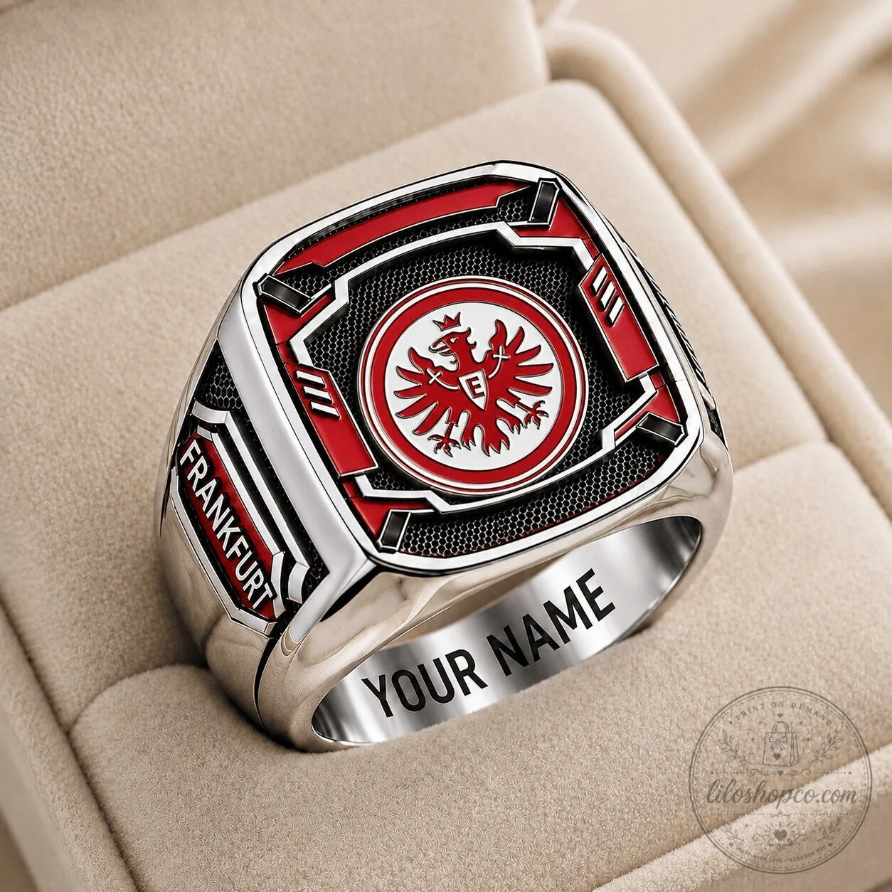 Eintracht Frankfurt Bundesliga Football Club Red Logo Men's Silver Ring