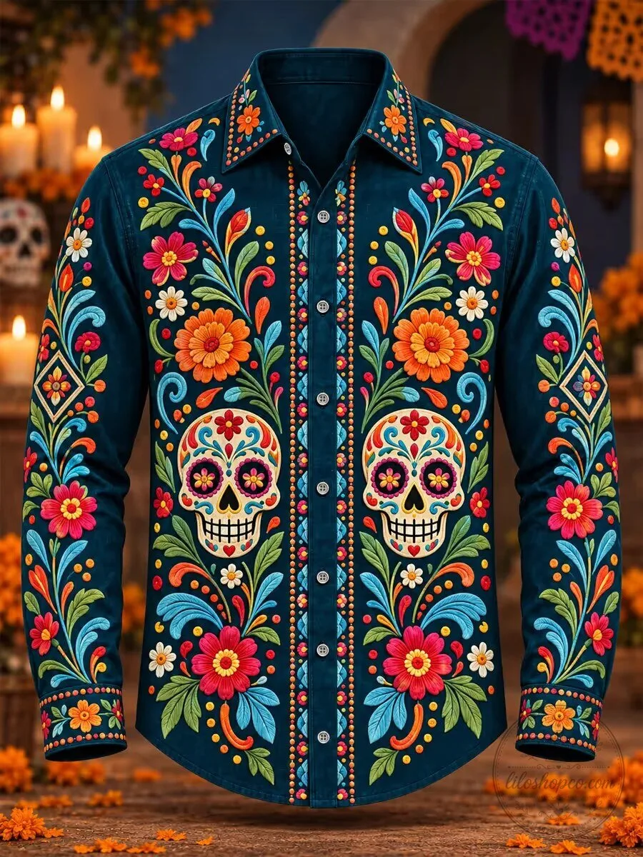 Day of the Dead Sugar Skull Floral Embroidered Men's Collared Shirt