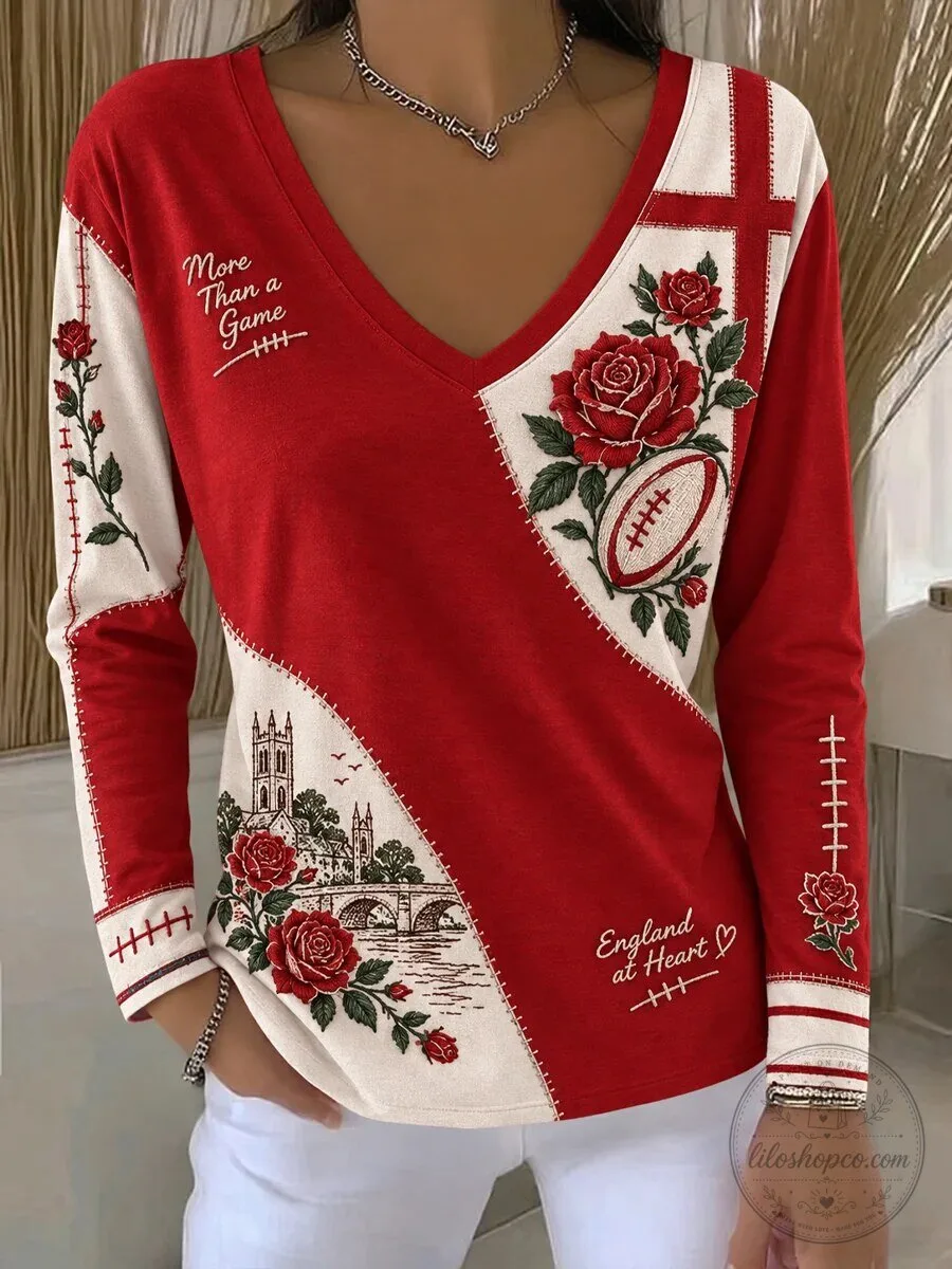 England Rugby Rose Patchwork Long Sleeve V-Neck T-Shirt