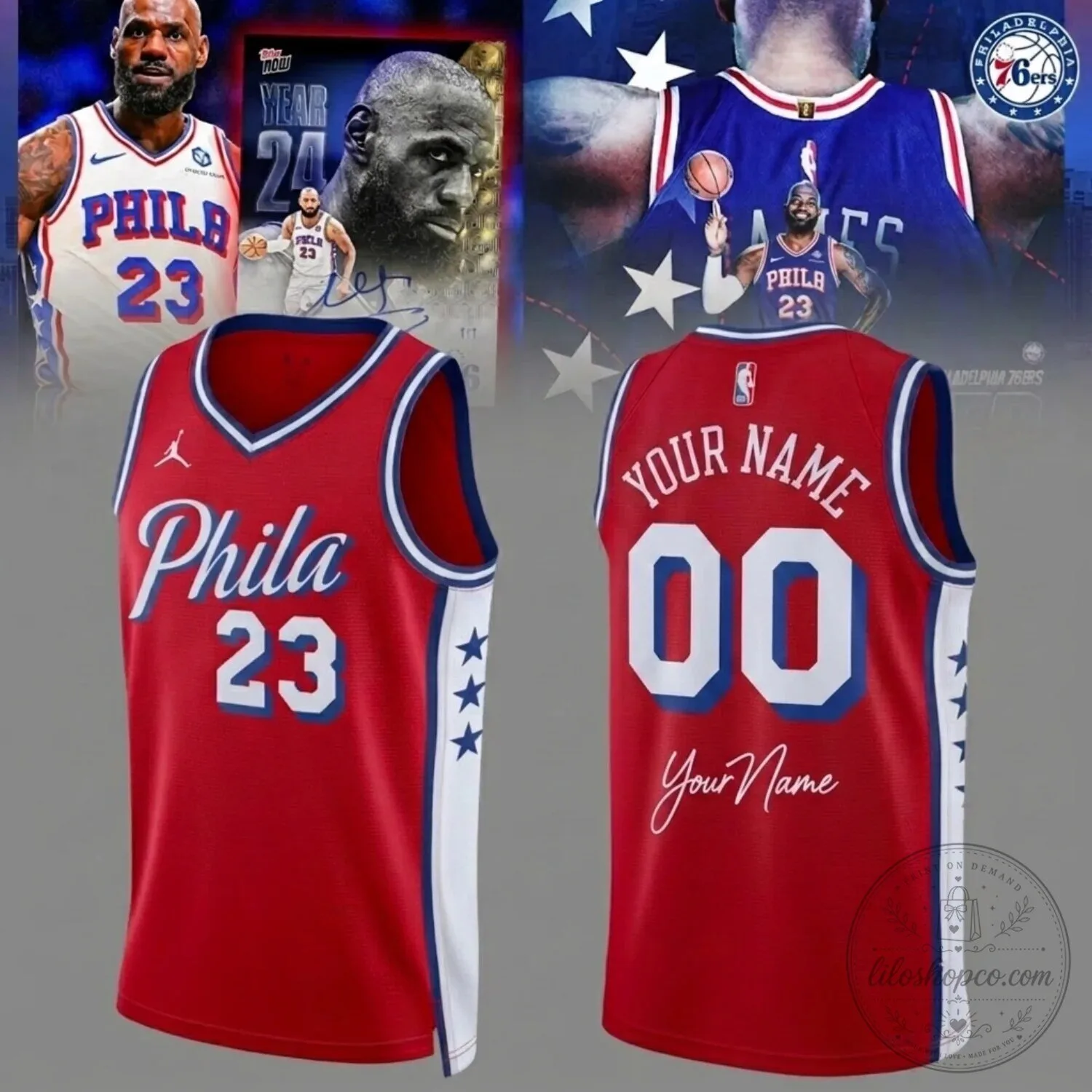 Philadelphia 76ers Red Edition Basketball Jersey featuring LeBron James