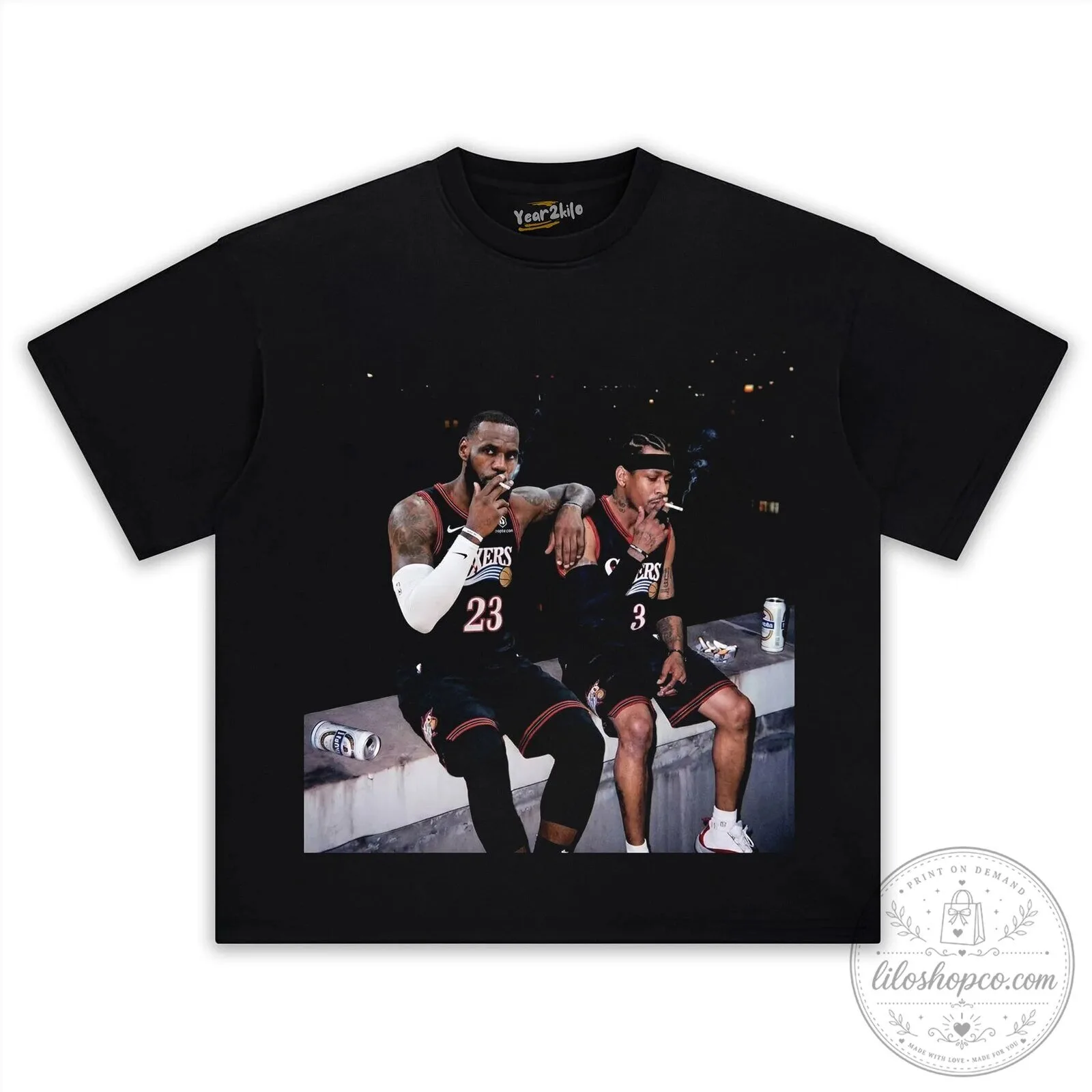 LeBron James and Allen Iverson Basketball Legends Black Graphic T-Shirt