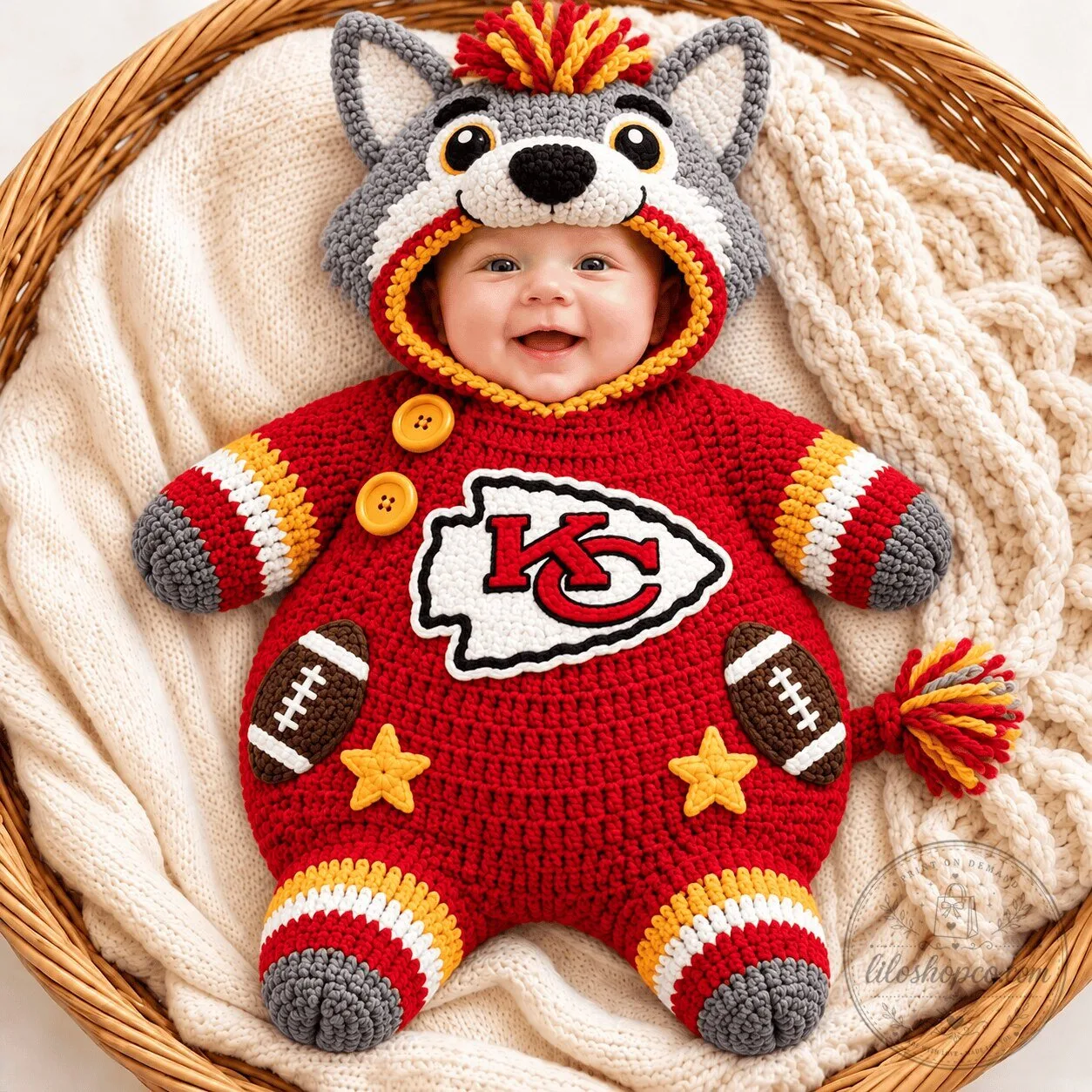 Kansas City Chiefs Football Baby Romper with Wolf Hood and Tail