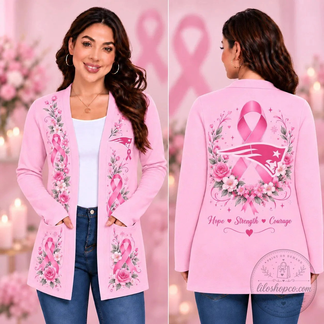 New England Patriots Breast Cancer Awareness Floral Pink Cardigan Sweater