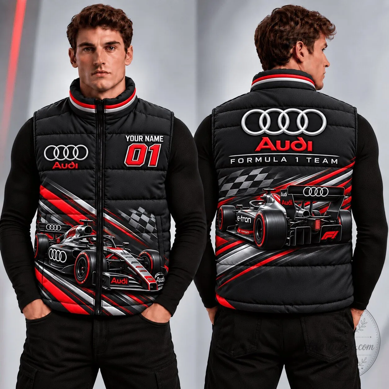 Audi Formula 1 Team Racing Car Black and Red Puffer Jacket with Custom Name