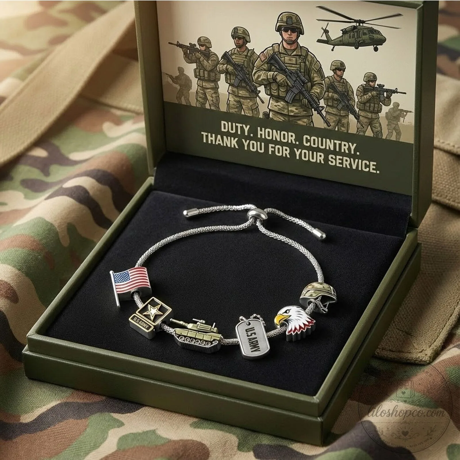 United States Army Adjustable Charm Bracelet with Eagle and Tank Charms