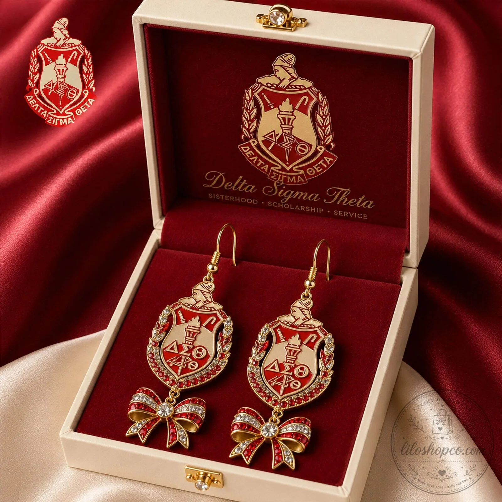 Delta Sigma Theta Sorority Rhinestone Bow Dangle Earrings