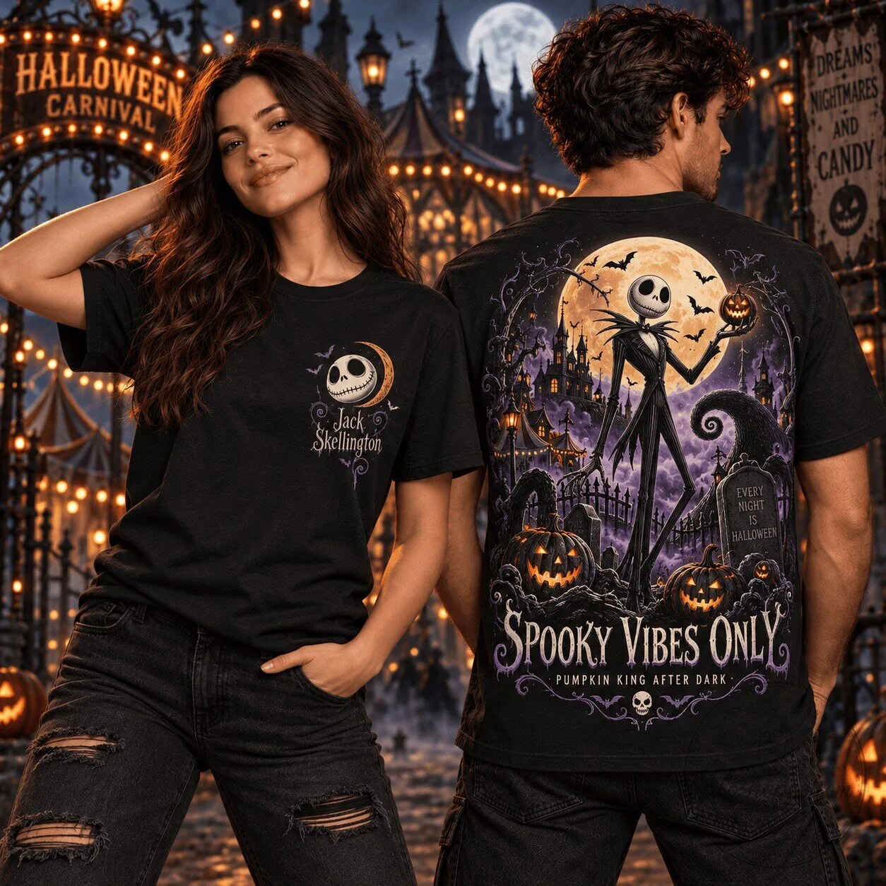 Jack Skellington Spooky Vibes Only Halloween Night T-Shirt