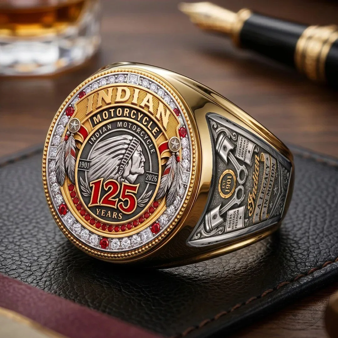 Indian Motorcycle 125th Anniversary Gold Plated Engraved Commemorative Ring
