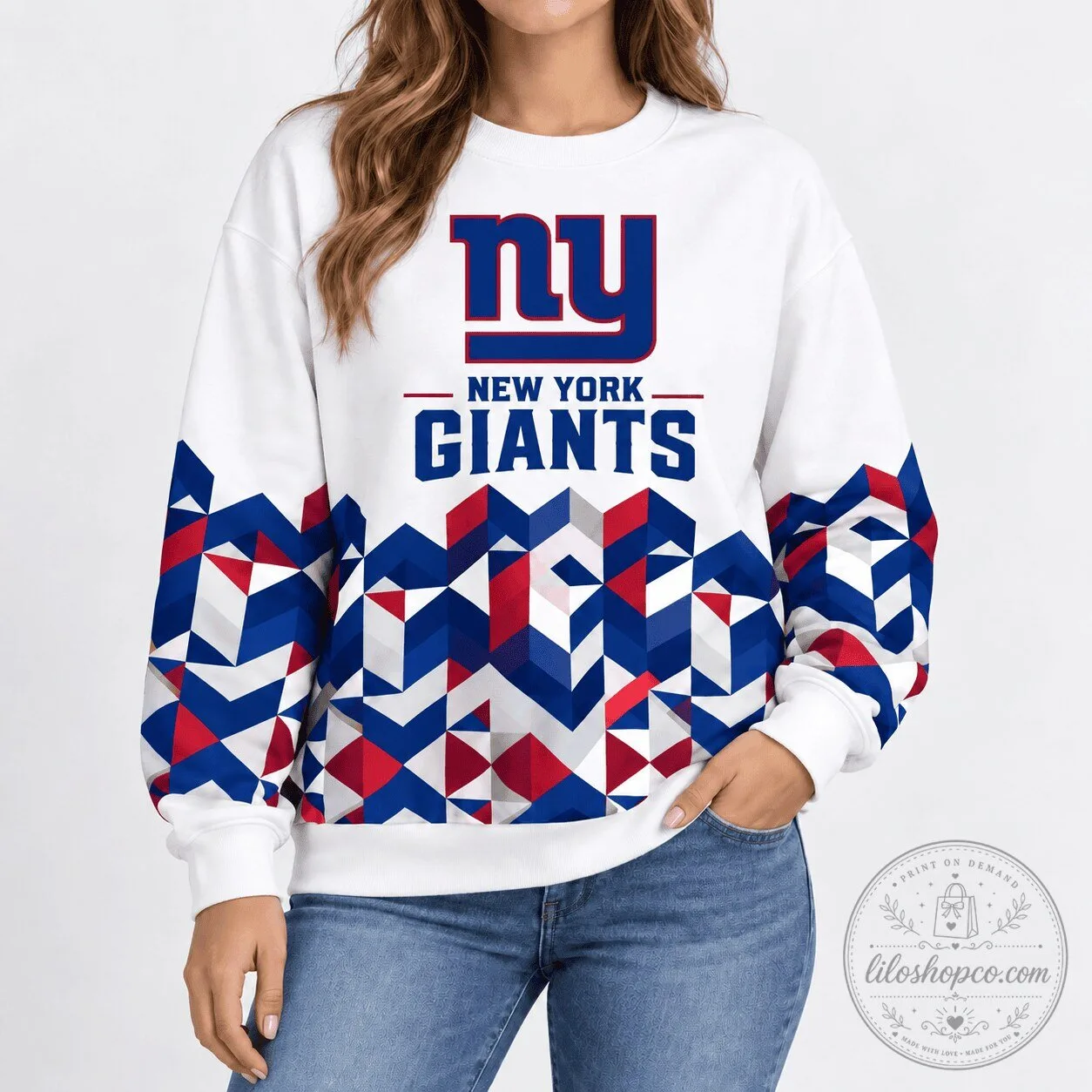 New York Giants NFL Geometric Chevron Pattern White Crewneck Sweatshirt