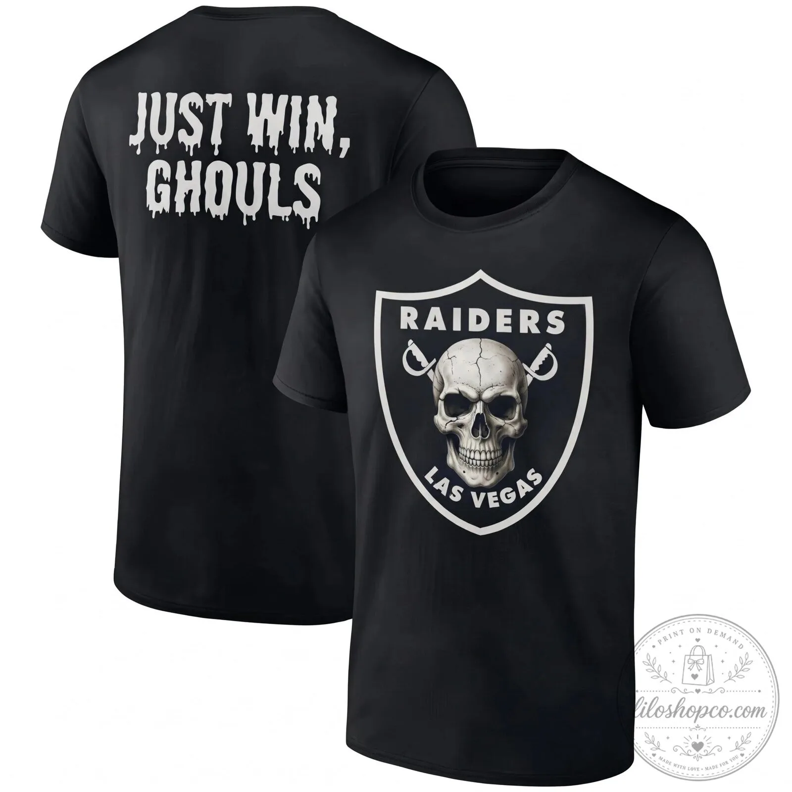 Las Vegas Raiders Halloween Just Win Ghouls Skull Logo Black T-Shirt
