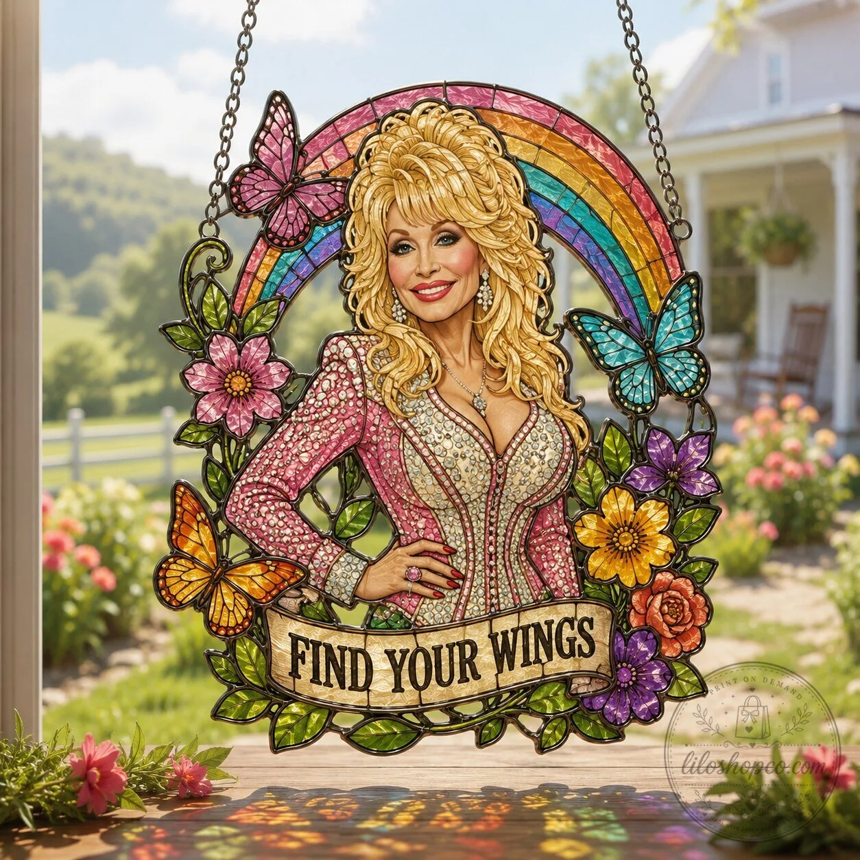 Dolly Parton Find Your Wings Stained Glass Window Hanging Suncatcher Ornament