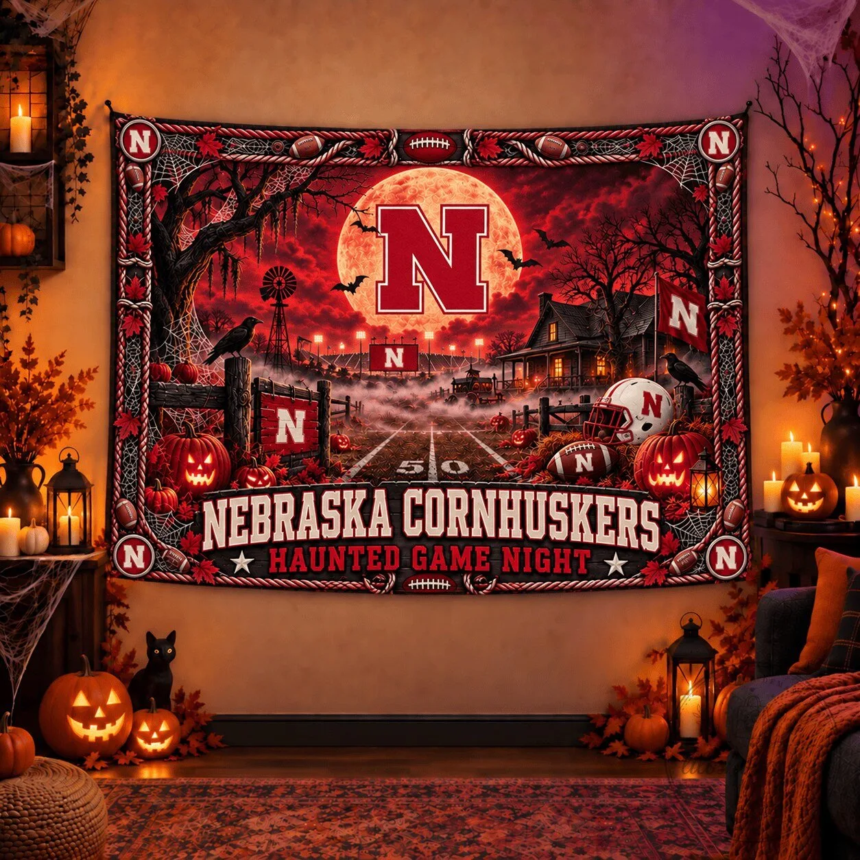 Nebraska Cornhuskers Haunted Game Night Halloween Football Stadium Tapestry 1 Nebraska Cornhuskers Haunted Game Night Halloween Football Stadium Tapestry