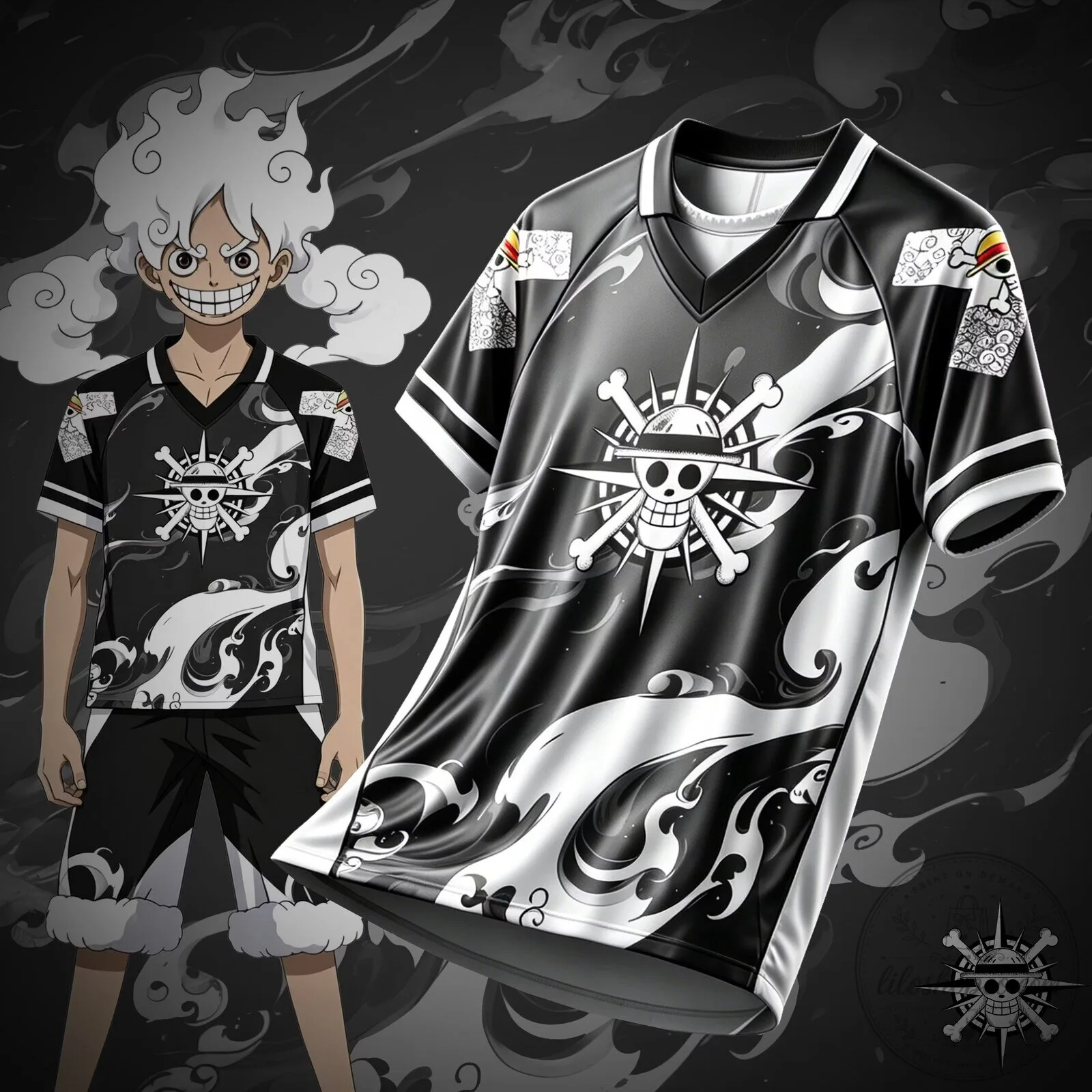 One Piece Monkey D Luffy Gear 5 Anime Skull Black and White Football Jersey
