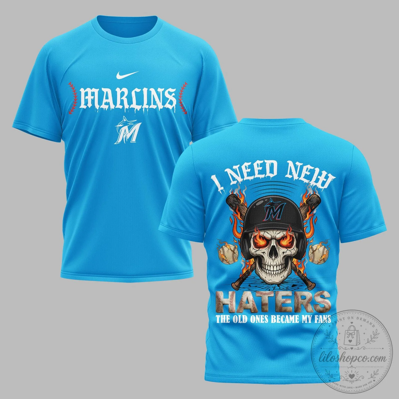Miami Marlins Baseball Skull Haters Graphic T-Shirt