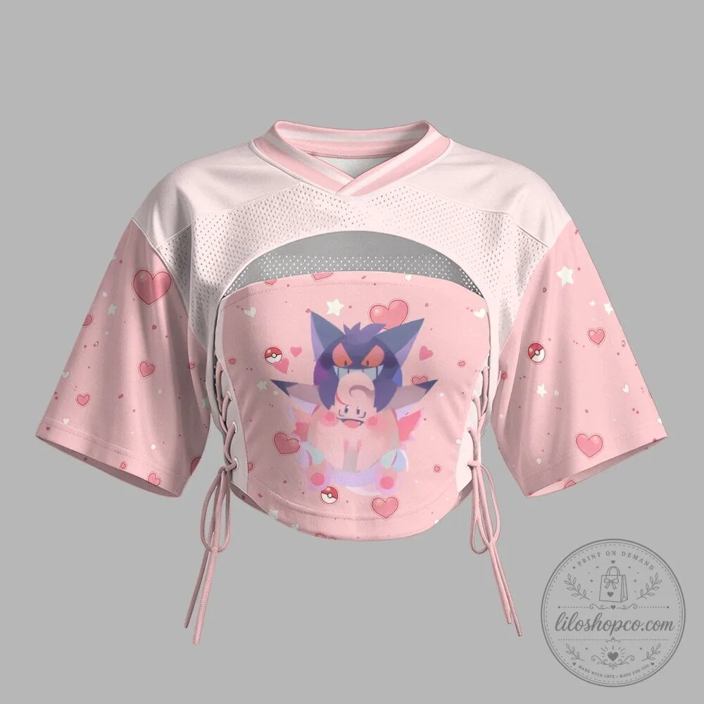 Cute Gengar Pokemon Pink Heart Pattern Crop Top Set