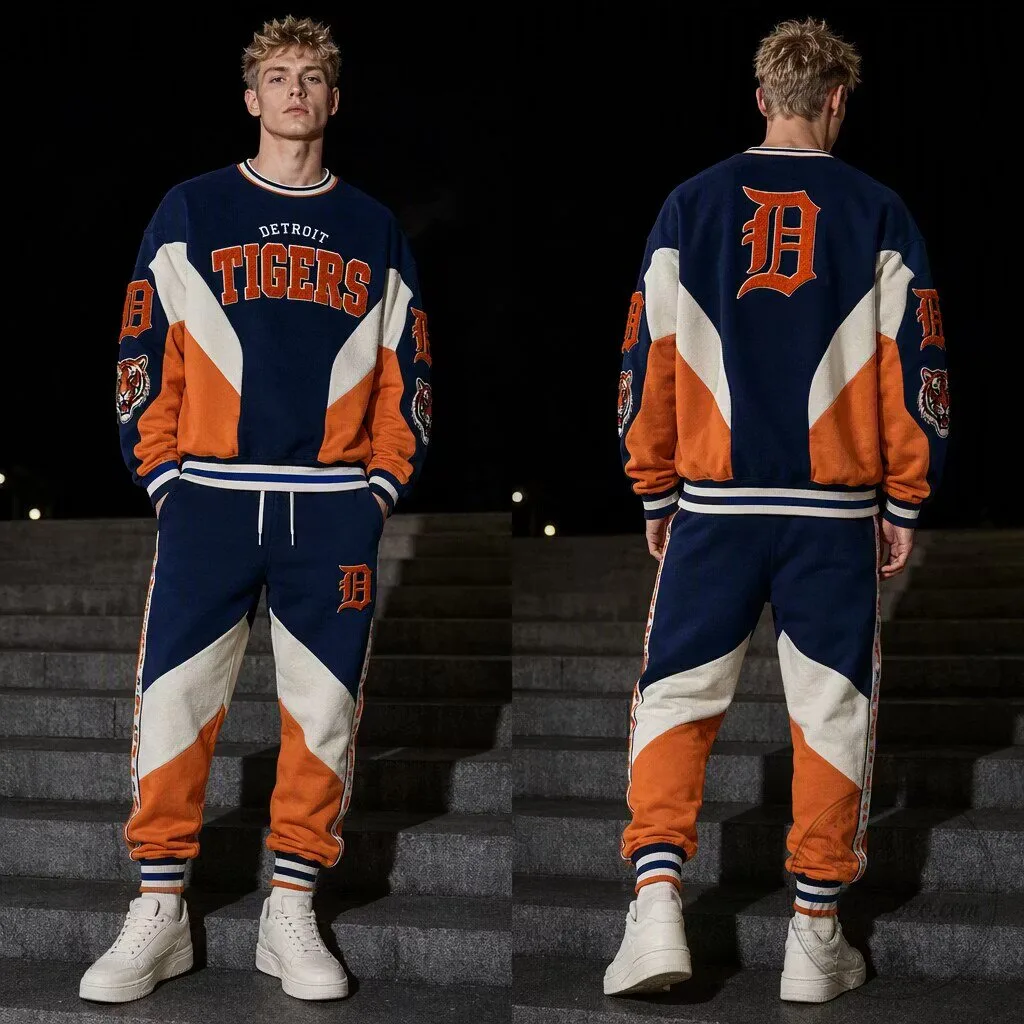 Detroit Tigers Baseball Team Colorblock Crewneck Sweatshirt and Sweatpants Set