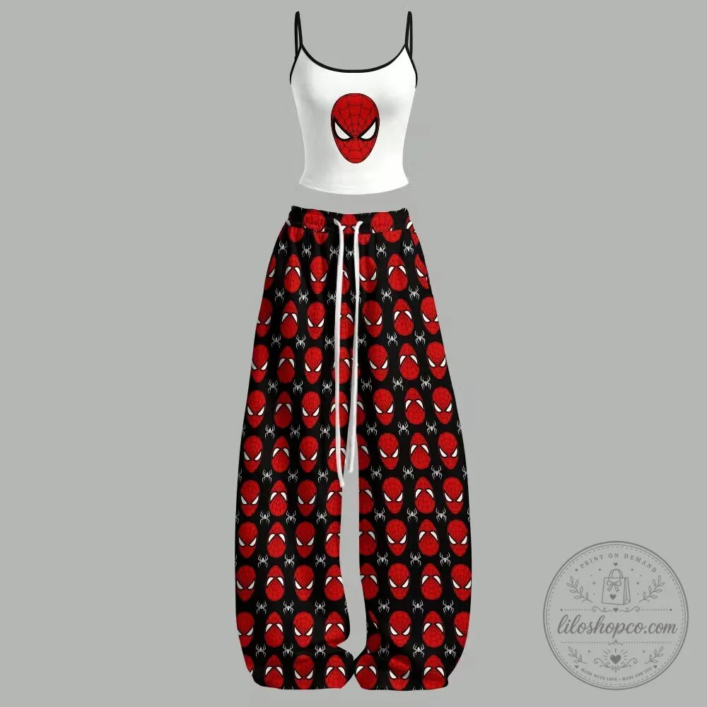 Spider-Man Logo Print Cami Top and Elasticated Wide Leg Pants Set