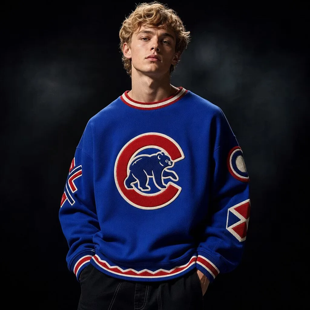 Blue Crewneck Sweatshirt featuring Chicago Cubs Baseball Team Logo