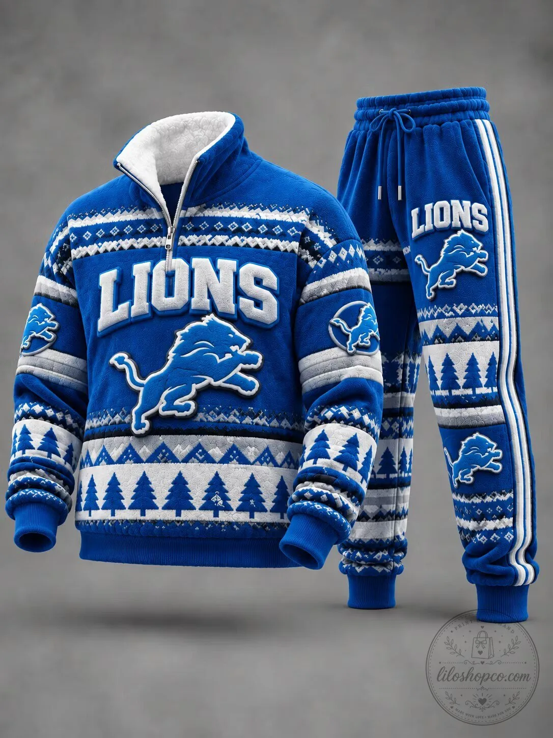 Detroit Lions Ugly Christmas Quarter-Zip Pullover Sweatshirt and Jogger Pants Set