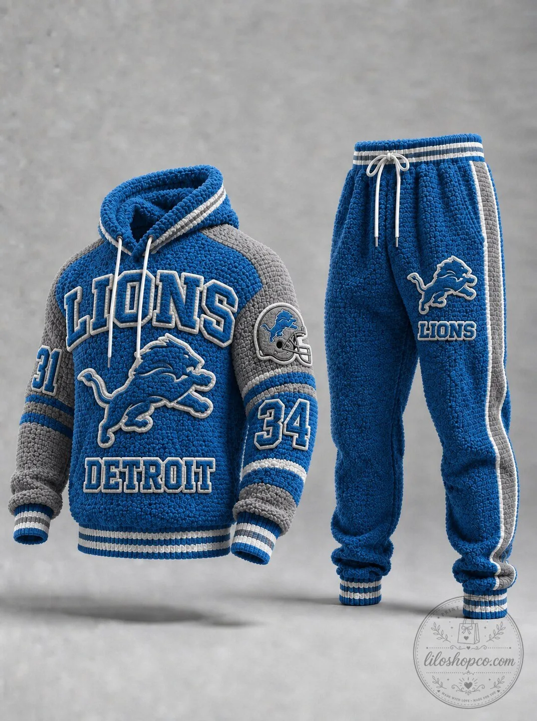 Detroit Lions Football Team Blue and Gray Hoodie and Pants Set