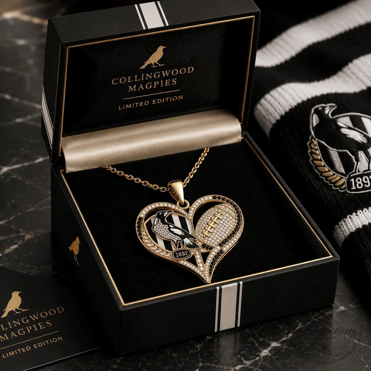 Heart Pendant Necklace with Diamonds for Collingwood Magpies Football Club