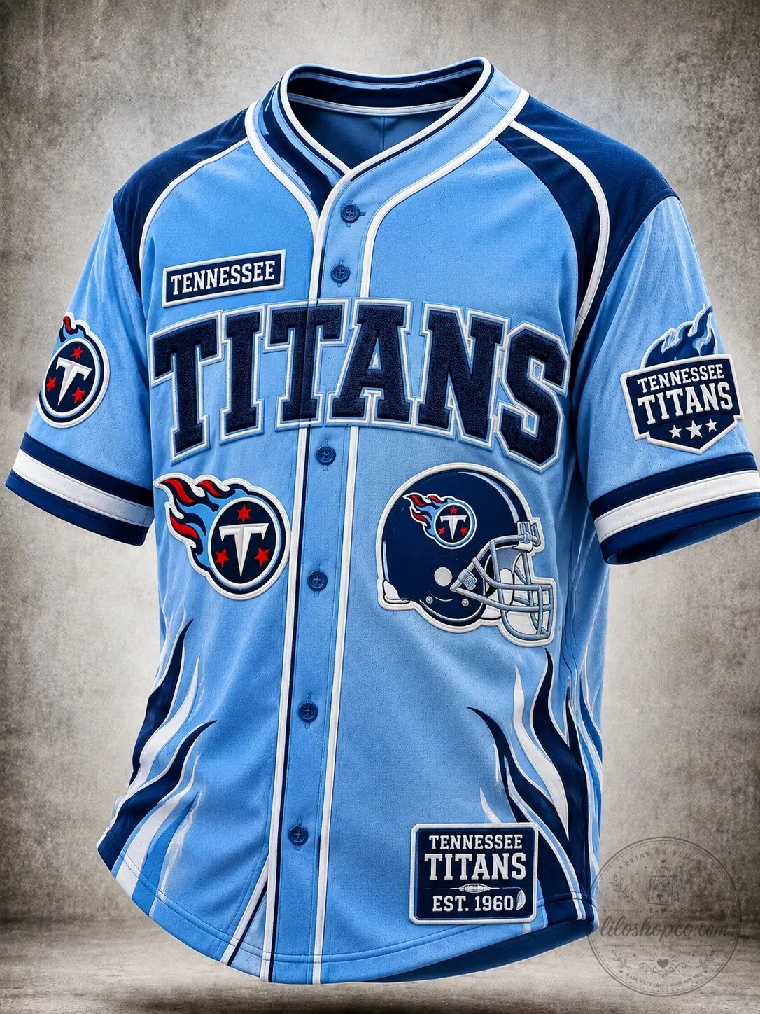 Tennessee Titans Light Blue Baseball Jersey for Men with Team Logos