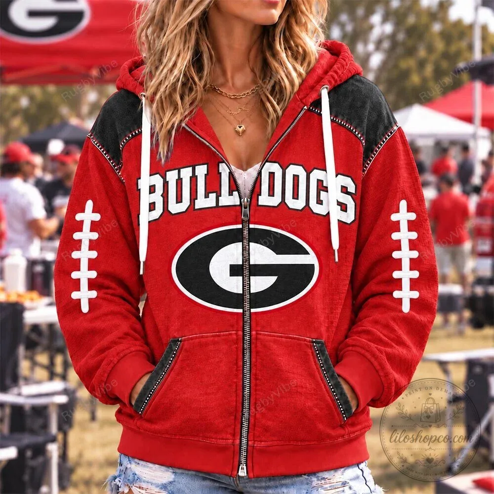 Georgia Bulldogs Football Team Red and Black Full-Zip Hoodie