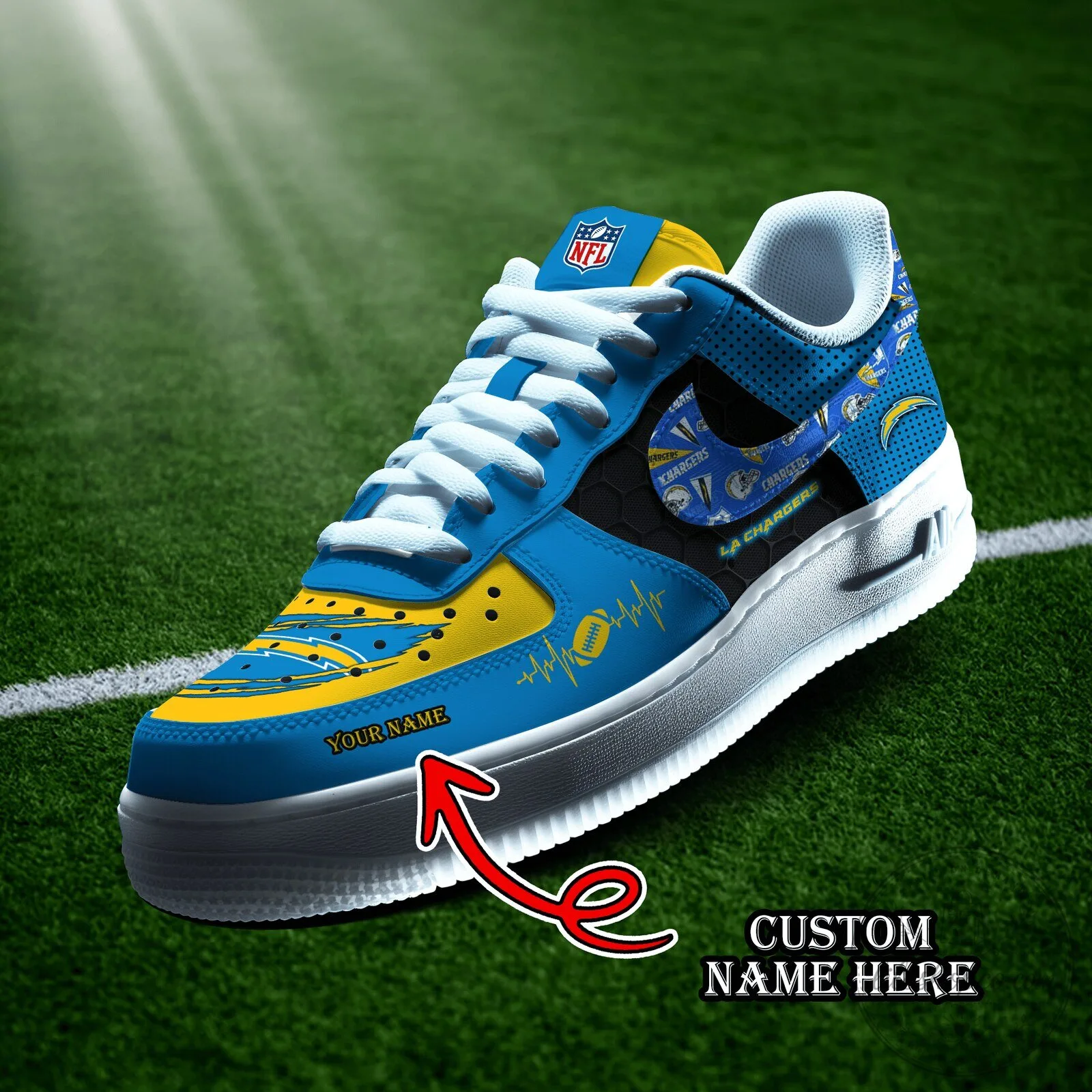 Los Angeles Chargers Custom Name Blue Yellow Low Top Sneakers 2 Los Angeles Chargers Custom Name Blue Yellow Low Top Sneakers