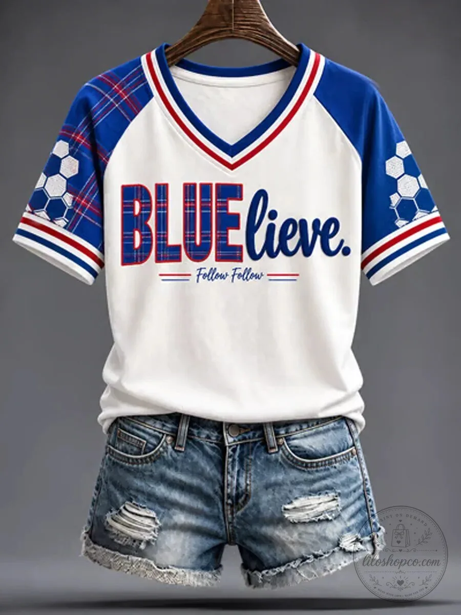 Blue Believe Follow Follow Football Fan V-Neck Raglan T-Shirt