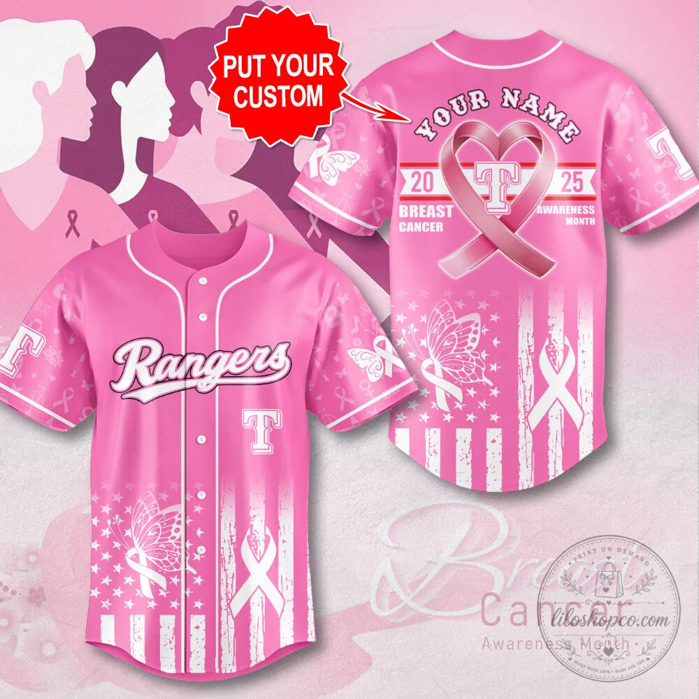 Texas Rangers Baseball Breast Cancer Awareness Pink Jersey 2025 Custom Name