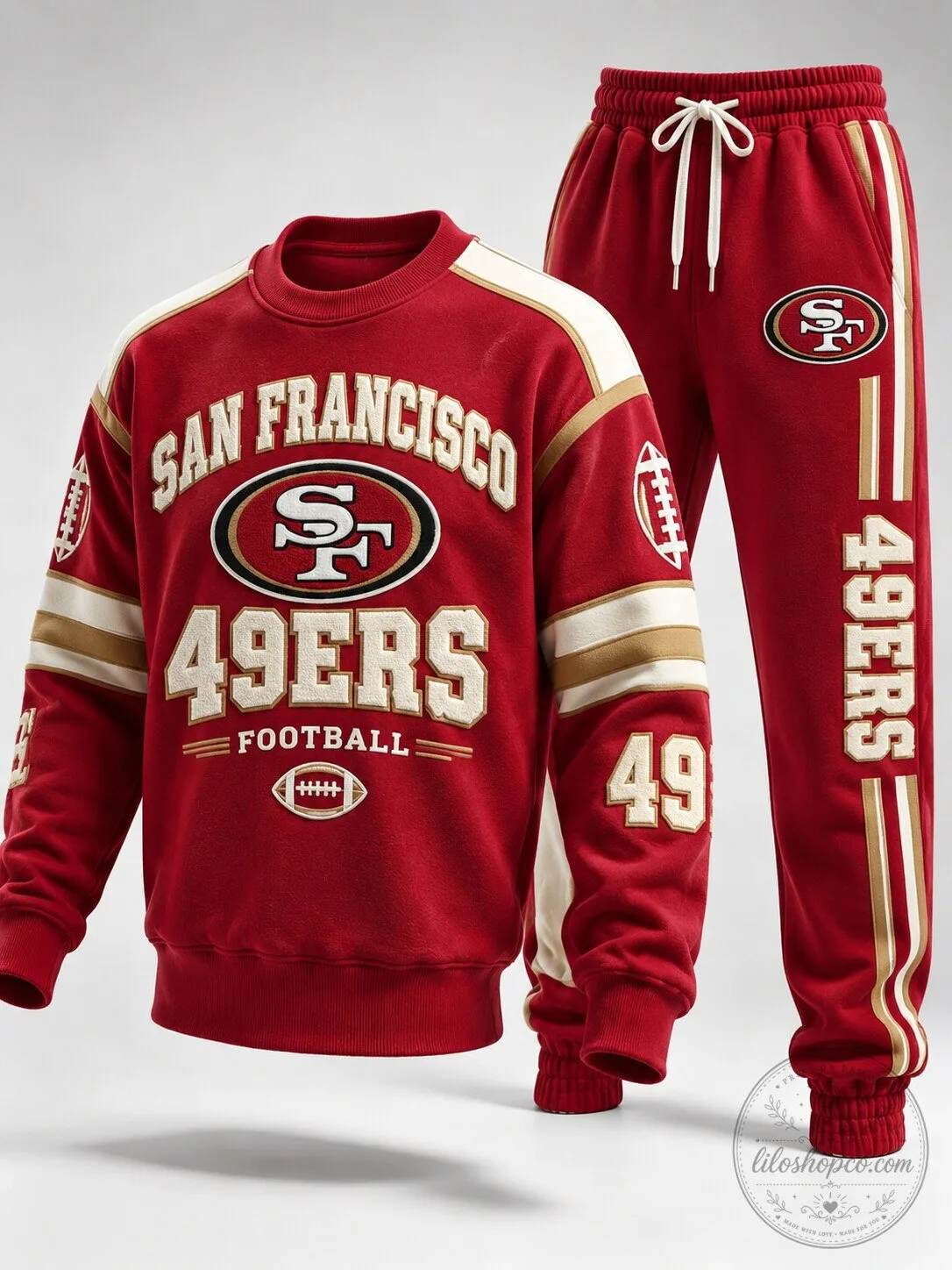 San Francisco 49ers Football Team Red Crewneck Sweatshirt and Joggers Set