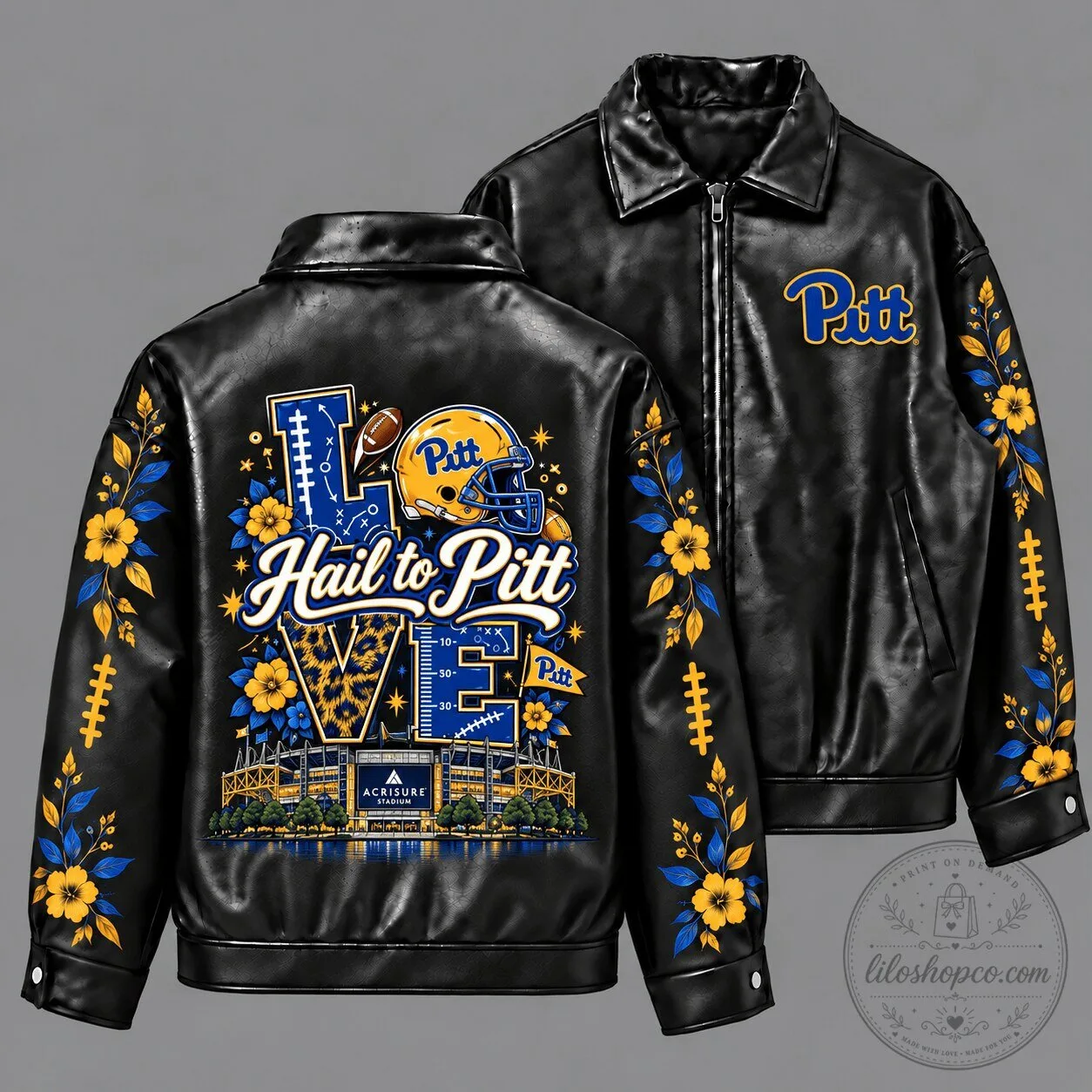 Pittsburgh Panthers Football Team Floral Black Leather Jacket
