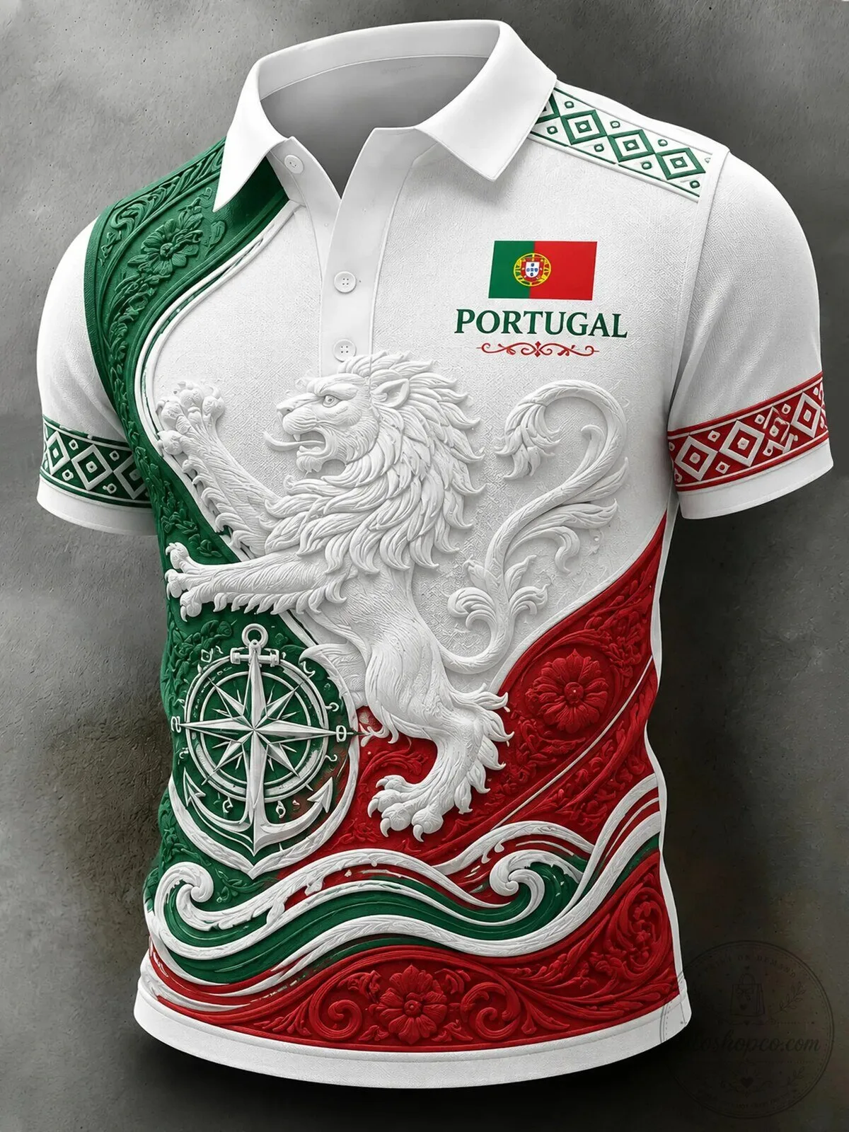 Portugal Football Match Embossed Lion Crest Polo Shirt for Men