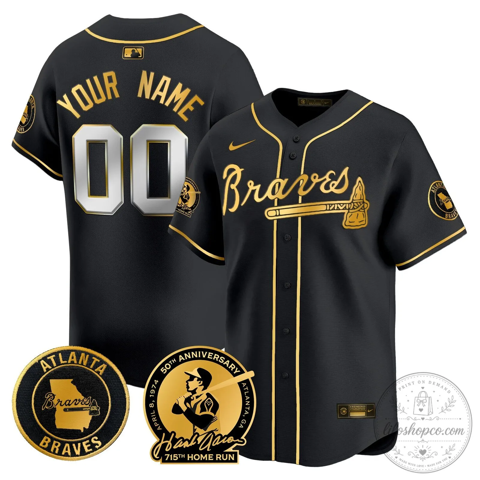 Atlanta Braves Black Gold Hank Aaron 715th Home Run Baseball Jersey