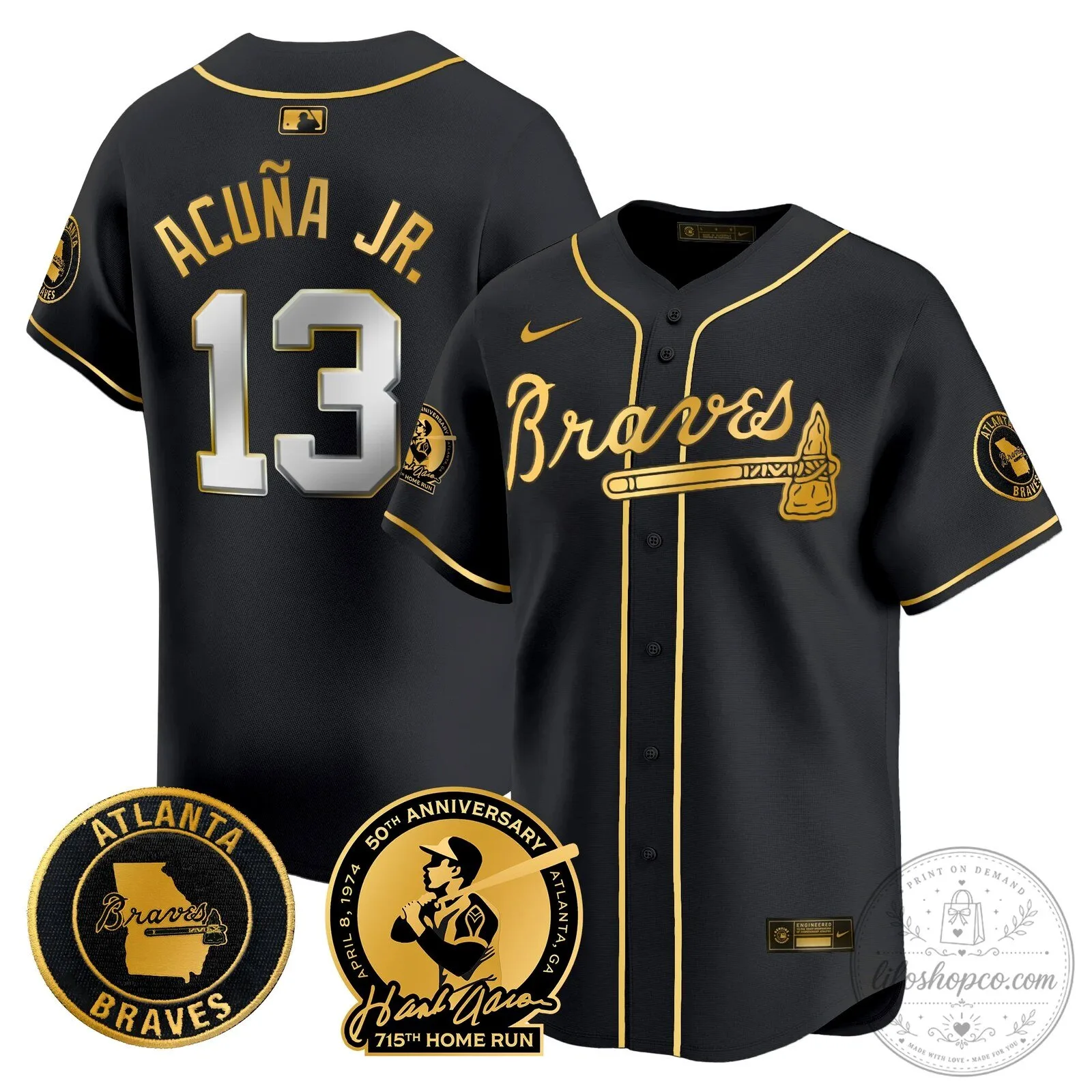Atlanta Braves Ronald Acuna Jr. 13 Black Baseball Jersey 50th Anniversary Hank Aaron 715th Home Run