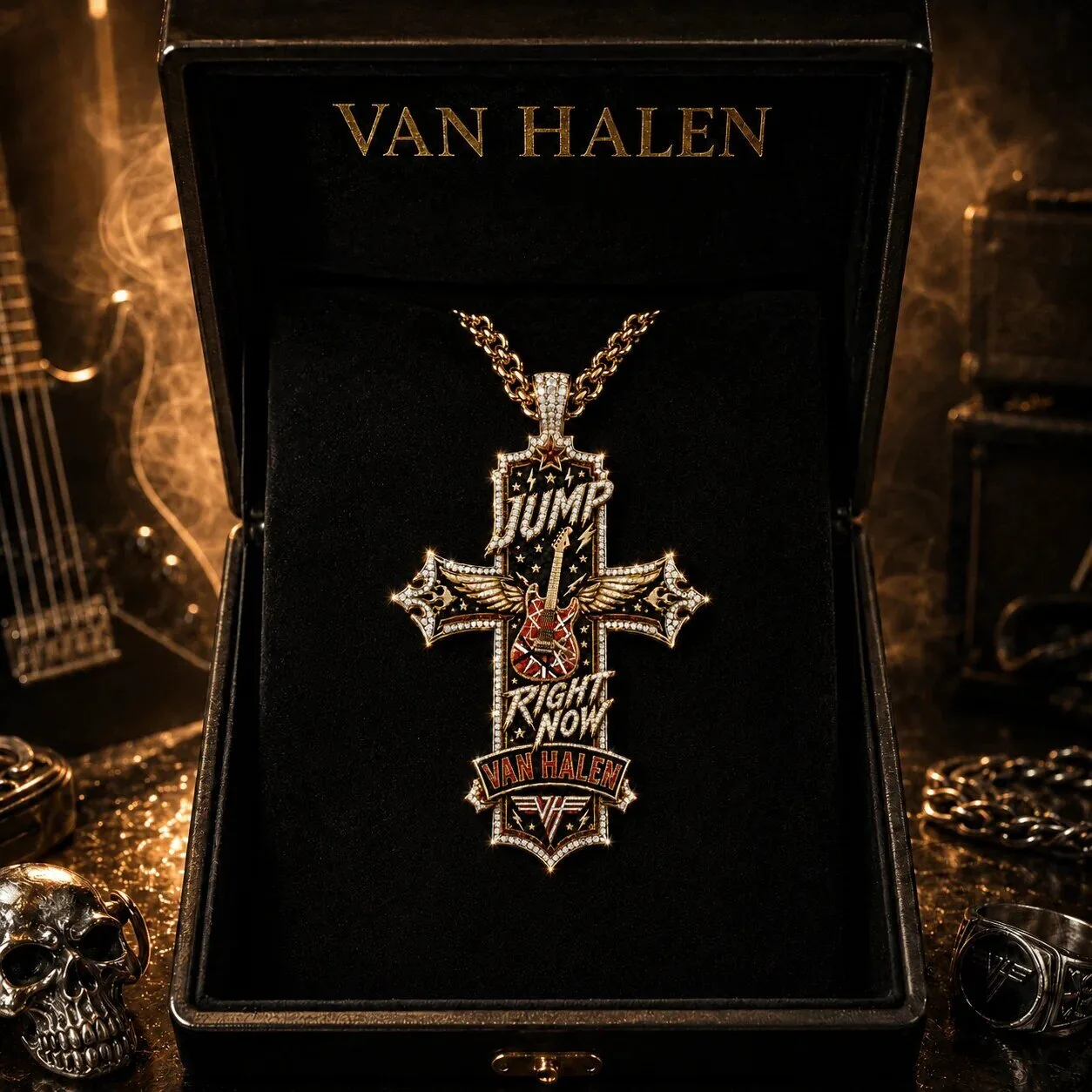 Van Halen Jump Right Now Gold Cross Diamond Pendant Necklace