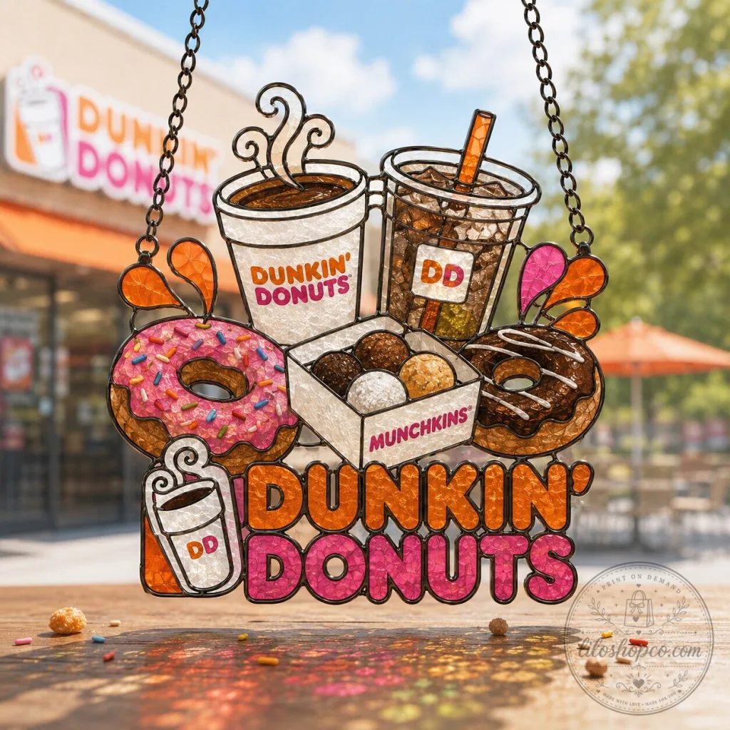 Dunkin' Donuts Stained Glass Window Hanging Suncatcher Coffee Shop Decor Dunkin' Donuts Stained Glass Window Hanging Suncatcher Coffee Shop Decor