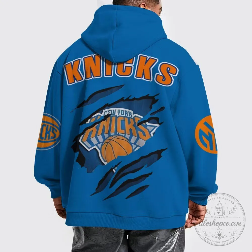 New York Knicks Basketball Team Blue Distressed Logo Hoodie